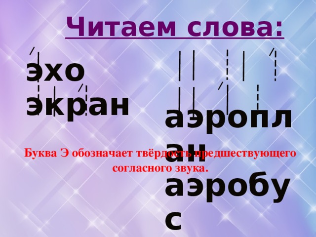 Читаем слова: эхо экран аэроплан  аэробус   Буква Э обозначает твёрдость предшествующего согласного звука. 