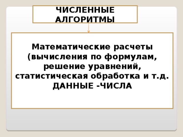 ЧИСЛЕННЫЕ АЛГОРИТМЫ  Математические расчеты (вычисления по формулам, решение уравнений, статистическая обработка и т.д. ДАННЫЕ -ЧИСЛА