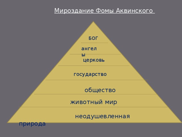  Мироздание Фомы Аквинского БОГ ангелы церковь государство  общество животный мир  неодушевленная природа 