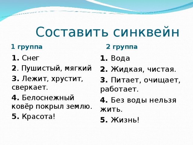  Составить синквейн 1 группа  2 группа 1. Снег 2 . Пушистый, мягкий 3. Лежит, хрустит, сверкает. 4. Белоснежный ковёр покрыл землю. 5. Красота! 1. Вода 2. Жидкая, чистая. 3. Питает, очищает, работает. 4. Без воды нельзя жить. 5. Жизнь! 