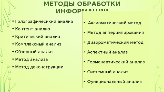 Методы обработки информации Аксиоматический метод Метод апперципирования Диахроматический метод Аспектный анализ Герменевтический анализ Системный анализ Функциональный анализ Голографичесикий анализ Контент-анализ Критический анализ Комплексный анализ Обзорный анализ Метод анализа Метод деконструкции 