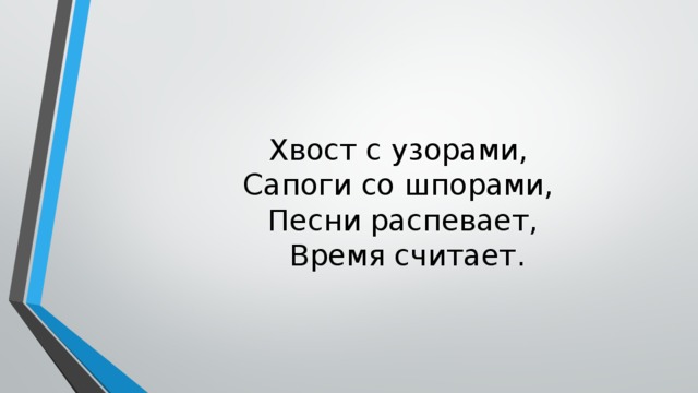 Хвост с узорами,   Сапоги со шпорами,   Песни распевает,   Время считает. 