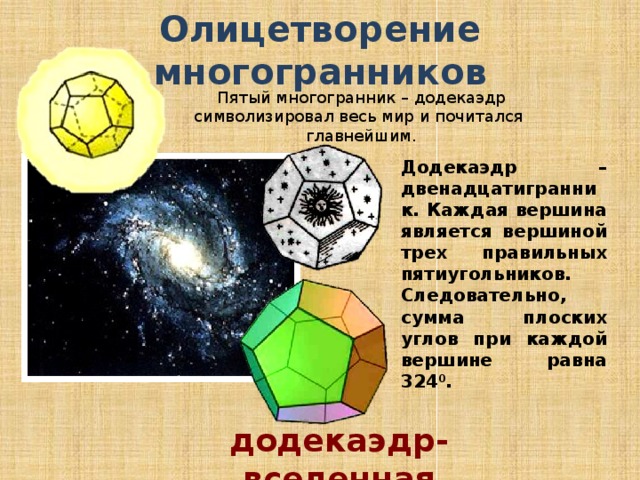Олицетворение многогранников Пятый многогранник – додекаэдр символизировал весь мир и почитался главнейшим. Додекаэдр – двенадцатигранник. Каждая вершина является вершиной трех правильных пятиугольников. Следовательно, сумма плоских углов при каждой вершине равна 324 0 .  додекаэдр-вселенная 