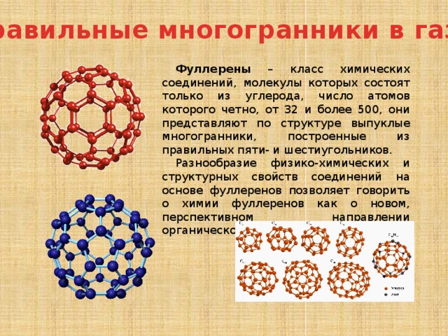 Правильные многогранники в газах Фуллерены – класс химических соединений, молекулы которых состоят только из углерода, число атомов которого четно, от 32 и более 500, они представляют по структуре выпуклые многогранники, построенные из правильных пяти- и шестиугольников. Разнообразие физико-химических и структурных свойств соединений на основе фуллеренов позволяет говорить о химии фуллеренов как о новом, перспективном направлении органической химии. 