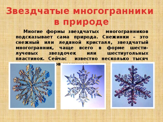 Звездчатые многогранники в природе Многие формы звездчатых многогранников подсказывает сама природа. Снежинки – это снежный или ледяной кристалл, звездчатый многогранник, чаще всего в форме шести-лучевых звездочек или шестиугольных пластинок. Сейчас известно несколько тысяч различных типов снежинок. 