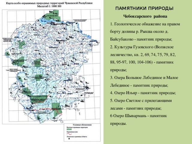 ПАМЯТНИКИ ПРИРОДЫ Чебоксарского района 1. Геологическое обнажение на правом борту долины р. Рыкша около д. Байсубаково - памятник природы;  2. Культуры Гузовского (Волжское лесничество, кв. 2, 69, 74, 75, 79, 82, 88, 95-97, 100, 104-106) - памятник природы;  3. Озера Большое Лебединое и Малое Лебединое - памятник природы;  4. Озеро Изъяр - памятник природы;  5. Озеро Светлое с прилегающими лесами - памятник природы;  6 Озеро Шывармань - памятник природы. 