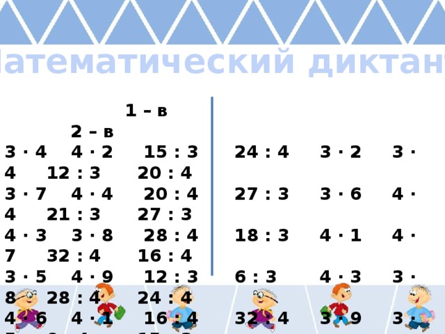 Математический диктант  1 – в 2 – в 3 ∙ 4 4 ∙ 2 15 : 3 24 : 4 3 ∙ 2 3 ∙ 4 12 : 3 20 : 4 3 ∙ 7 4 ∙ 4 20 : 4 27 : 3 3 ∙ 6 4 ∙ 4 21 : 3 27 : 3 4 ∙ 3 3 ∙ 8 28 : 4 18 : 3 4 ∙ 1 4 ∙ 7 32 : 4 16 : 4 3 ∙ 5 4 ∙ 9 12 : 3 6 : 3 4 ∙ 3 3 ∙ 8 28 : 4 24 : 4 4 ∙ 6 4 ∙ 1 16 : 4 32 : 4 3 ∙ 9 3 ∙ 5 8 : 4 15 : 3 3 ∙ 0 3 ∙ 6 21 : 3 36 : 4 4 ∙ 8 4 ∙ 9 6 : 3 36 : 4 