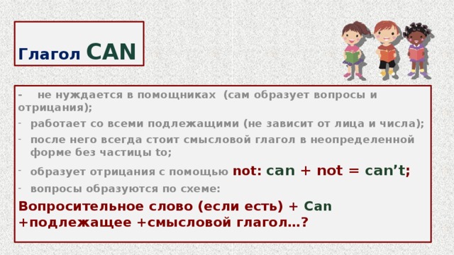 Глагол CAN - не нуждается в помощниках (сам образует вопросы и отрицания); работает со всеми подлежащими (не зависит от лица и числа); после него всегда стоит смысловой глагол в неопределенной форме без частицы to; образует отрицания с помощью not: can + not = can’t ; вопросы образуются по схеме: Вопросительное слово (если есть) + Can +подлежащее +смысловой глагол…?  