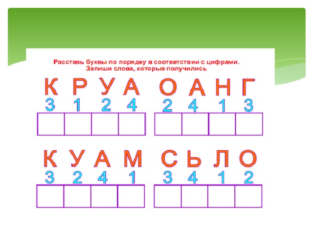 Все возможные из букв. Собери слово из букв. Расставь буквы по цифрам. Расставь буквы в правильном порядке. Расставь буквы по порядку в соответствии с цифрами.