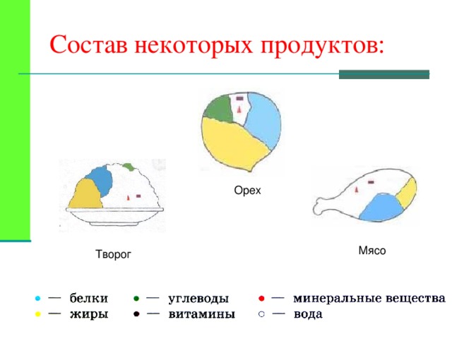 Состав некоторых продуктов: Орех Мясо Творог  