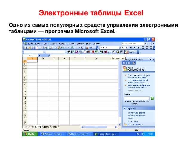 Электронные таблицы Excel Одно из самых популярных средств управления электронными  таблицами — программа Microsoft Excel. 