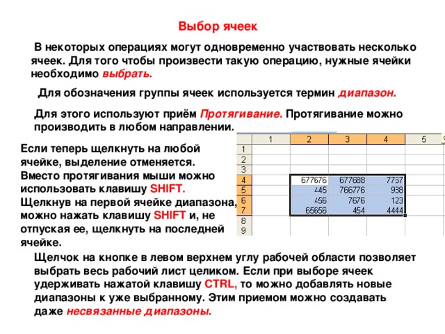 Выбор ячеек  В некоторых операциях могут одновременно участвовать несколько  ячеек. Для того чтобы произвести такую операцию, нужные ячейки  необходимо выбрать.  Для обозначения группы ячеек используется термин диапазон.  Для этого используют приём Протягивание.  Протягивание можно  производить в любом направлении. Если теперь щелкнуть на любой  ячейке, выделение отменяется.  Вместо протягивания мыши можно  использовать клавишу SHIFT.   Щелкнув на первой ячейке диапазона,  можно нажать клавишу SHIFT  и, не  отпуская ее, щелкнуть на последней  ячейке. Щелчок на кнопке в левом верхнем углу рабочей области позволяет  выбрать весь рабочий лист целиком. Если при выборе ячеек  удерживать нажатой клавишу CTRL,  то можно добавлять новые  диапазоны к уже выбранному. Этим приемом можно создавать  даже  несвязанные диапазоны.  