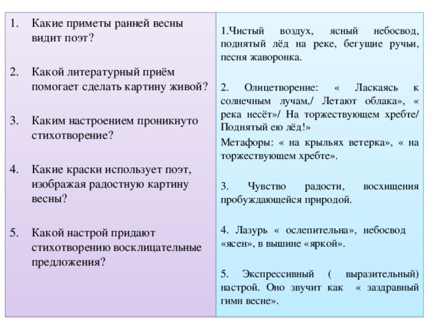 План сравнения стихов