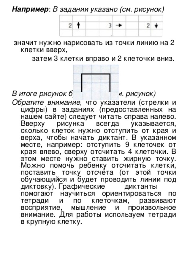 Например :  В задании указано (см. рисунок)             значит нужно нарисовать из точки линию на 2 клетки вверх,           затем 3 клетки вправо и 2 клеточки вниз.                                      В итоге рисунок будет таким (см. рисунок) Обратите внимание , что указатели (стрелки и цифры) в заданиях (предоставленных на нашем сайте) следует читать справа налево. Вверху рисунка всегда указывается, сколько клеток нужно отступить от края и верха, чтобы начать диктант. В указанном месте, например: отступить 9 клеточек от края влево, сверху отсчитать 4 клеточки. В этом месте нужно ставить жирную точку. Можно помочь ребенку отсчитать клетки, поставить точку отсчёта (от этой точки обучающийся и будет проводить линии под диктовку). Графические диктанты помогают научиться ориентироваться по тетради и по клеточкам, развивают восприятие, мышление и произвольное внимание. Для работы используем тетради в крупную клетку.  