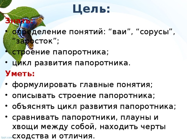 Цель: Знать: определение понятий: “ваи”, “сорусы”, “заросток”; строение папоротника; цикл развития папоротника. Уметь: формулировать главные понятия; описывать строение папоротника; объяснять цикл развития папоротника; сравнивать папоротники, плауны и хвощи между собой, находить черты сходства и отличия. 