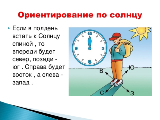 17 числа в полдень. Если в полдень встать спиной к солнцу. Ориентирование на местности стороны горизонта. Как необходимо ориентироваться по солнцу?. Стороны горизонта в полдень.