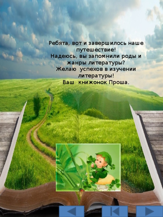 Ребята, вот и завершилось наше путешествие! Надеюсь, вы запомнили роды и жанры литературы? Желаю успехов в изучении литературы! Ваш книжонок Проша. 