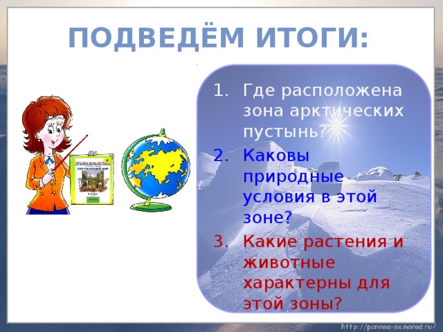 Подведём итоги: Где расположена зона арктических пустынь? Каковы природные условия в этой зоне? Какие растения и животные характерны для этой зоны? 