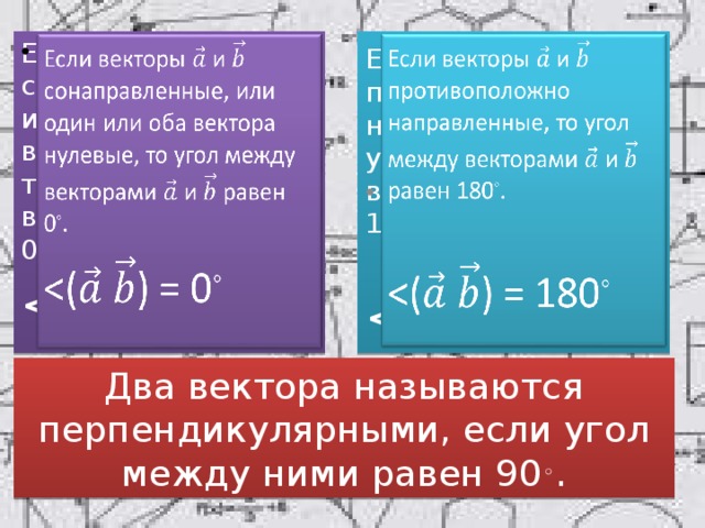 Если векторы и сонаправленные, или один или оба вектора нулевые, то угол между векторами и равен 0 ◦ .   Если векторы и противоположно направленные, то угол между векторами и равен 180 ◦ .   ◦ ◦ Два вектора называются перпендикулярными, если угол между ними равен 90 ◦ . 