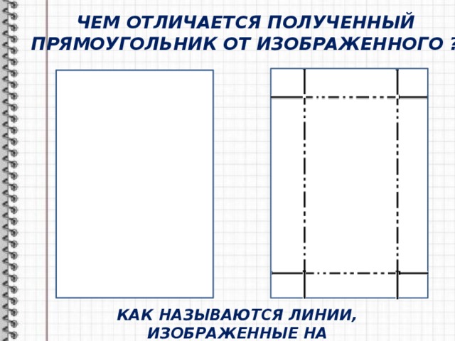 ЧЕМ ОТЛИЧАЕТСЯ ПОЛУЧЕННЫЙ ПРЯМОУГОЛЬНИК ОТ ИЗОБРАЖЕННОГО ? КАК НАЗЫВАЮТСЯ ЛИНИИ, ИЗОБРАЖЕННЫЕ НА ПРЯМОУГОЛЬНИКЕ? 