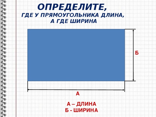 ОПРЕДЕЛИТЕ,  ГДЕ У ПРЯМОУГОЛЬНИКА ДЛИНА,  А ГДЕ ШИРИНА Б А А – ДЛИНА Б - ШИРИНА 