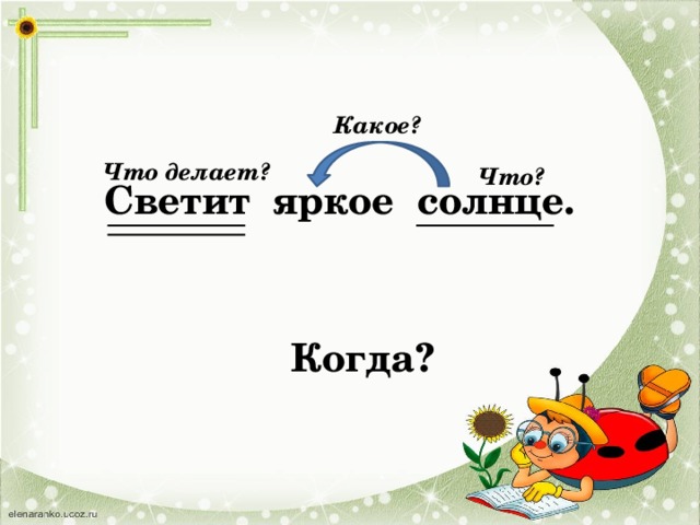 Какое? Что делает? Что? Светит яркое солнце. Когда? 