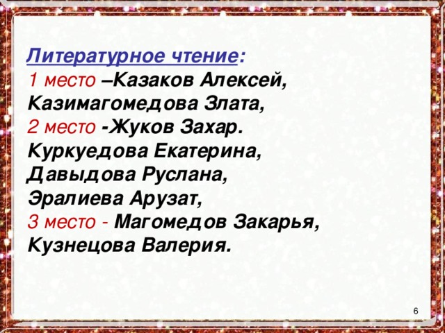 Литературное чтение :  1 место –Казаков Алексей, Казимагомедова Злата,  2 место -Жуков Захар.  Куркуедова Екатерина,  Давыдова Руслана,  Эралиева Арузат,  3 место - Магомедов Закарья,  Кузнецова Валерия.    