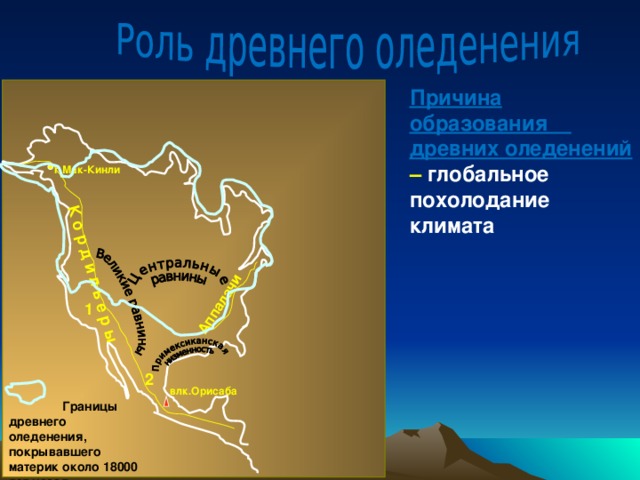 К о р д и л ь е р ы Аппалачи Причина образования древних оледенений  – глобальное похолодание климата г.Мак-Кинли 1 2 влк.Орисаба  Границы древнего оледенения, покрывавшего материк около 18000 лет назад