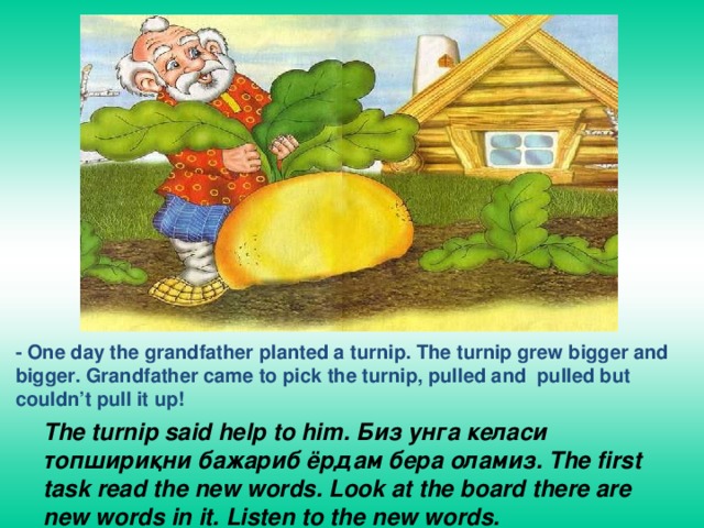 - One day the grandfather planted a turnip. The turnip grew bigger and bigger. Grandfather came to pick the turnip, pulled and pulled but couldn’t pull it up! The turnip said help to him. Биз унга келаси топшириқни бажариб ёрдам бера оламиз. The first task read the new words. Look at the board there are new words in it. Listen to the new words. 