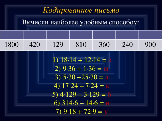 Кодированное письмо Вычисли наиболее удобным способом: 1800 420 129 810 360 240 900 1) 18·14 + 12·14 = з 2) 9·36 + 1·36 = ш 3) 5·30 +25·30 = а 4) 17·24 – 7·24 = к 5) 4·129 – 3·129 = б 6) 314·6 – 14·6 = и 7) 9·18 + 72·9 = у 