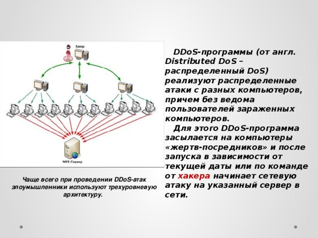  DDoS-программы (от англ. Distributed DoS – распределенный DoS) реализуют распределенные атаки с разных компьютеров, причем без ведома пользователей зараженных компьютеров.  Для этого DDoS-программа засылается на компьютеры «жертв-посредников» и после запуска в зависимости от текущей даты или по команде от хакера начинает сетевую атаку на указанный сервер в сети. Чаще всего при проведении DDoS-атак злоумышленники используют трехуровневую архитектуру. 