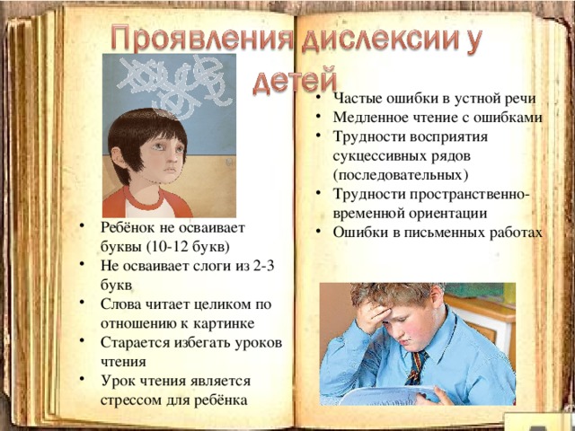 Частые ошибки в устной речи Медленное чтение с ошибками Трудности восприятия сукцессивных рядов (последовательных) Трудности пространственно-временной ориентации Ошибки в письменных работах Ребёнок не осваивает буквы (10-12 букв) Не осваивает слоги из 2-3 букв Слова читает целиком по отношению к картинке Старается избегать уроков чтения Урок чтения является стрессом для ребёнка  2 