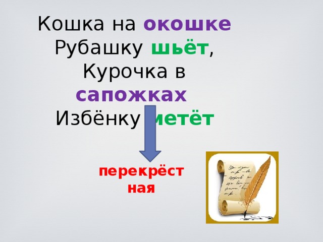 перекрёстная Кошка на окошке Рубашку шьёт , Курочка в сапожках Избёнку метёт 