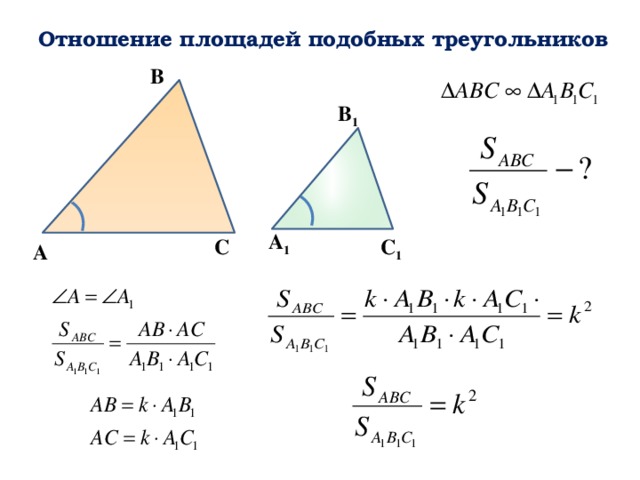 Отношение площадей подобных треугольников В В 1 А 1 С 1 С А 