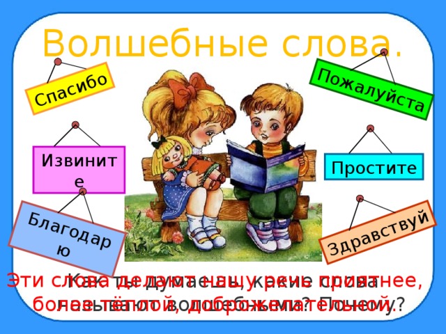 Спасибо Пожалуйста Здравствуй Благодарю Волшебные слова. Извините Простите Как ты думаешь, какие слова называют волшебными? Почему? Эти слова делают нашу речь приятнее, более тёплой, доброжелательной. 