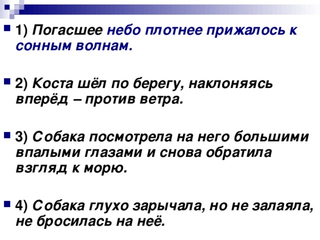 1)   Погасшее небо плотнее прижалось к сонным волнам.      2)   Коста шёл по берегу, наклоняясь вперёд – против ветра.      3)   Собака посмотрела на него большими впалыми глазами и снова обратила взгляд к морю.      4)   Собака глухо зарычала, но не залаяла, не бросилась на неё.