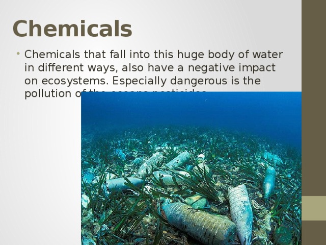 Chemicals Chemicals that fall into this huge body of water in different ways, also have a negative impact on ecosystems. Especially dangerous is the pollution of the oceans pesticides. 