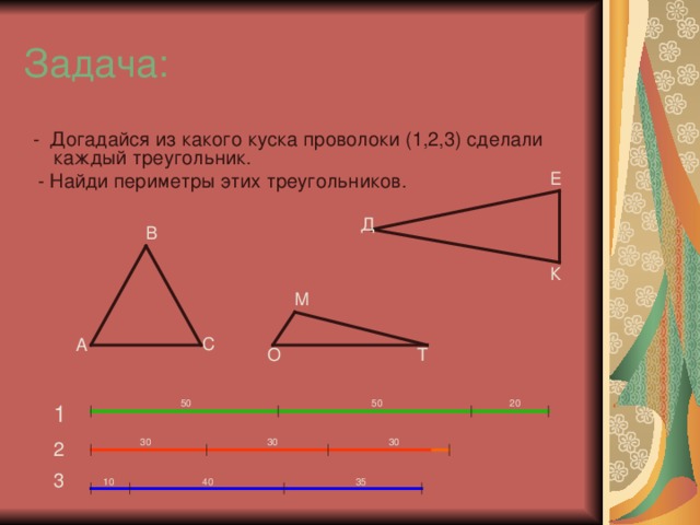 Задача:  - Догадайся из какого куска проволоки (1,2,3) сделали каждый треугольник.  - Найди периметры этих треугольников. Е Д В К М С А Т О 20 50 50 1 30 30 30 2 3 40 35 10 