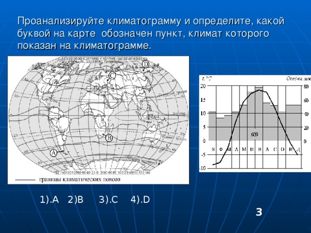 Проанализируйте климатограмму и определите, какой буквой на карте обозначен пункт, климат которого показан на климатограмме. 1).А  2) B 3).C 4).D   3 
