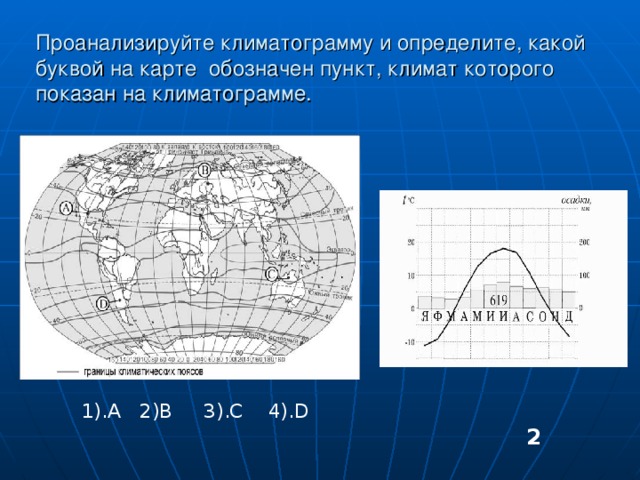 Проанализируйте климатограмму и определите, какой буквой на карте обозначен пункт, климат которого показан на климатограмме. 1).А  2) B 3).C 4).D   2 