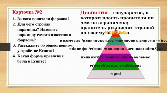 Карточка №2 Деспотия  – государство, в котором власть правителя ни чем не ограничена; правитель руководит страной по своему желанию. За кого почитали фараона? Для чего строили пирамиды? Назовите пирамиду самого известного фараона? Расскажите об общественном устройстве Египта? Какая форма правления была в Египте? Фараон жрецы, высшие чиновники, военачальники, вельможи государственные чиновники, писцы, офицеры ремесленники, купцы, художники свободные земледельцы рабы 3 