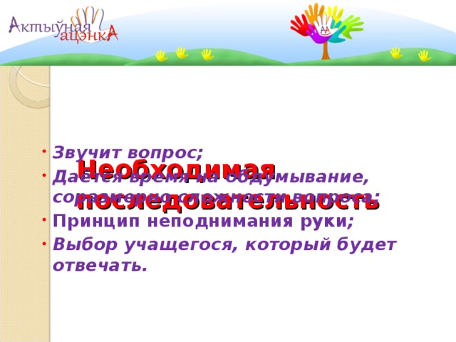      Необходимая последовательность Звучит вопрос; Даётся время на обдумывание, соразмерно сложности вопроса; Принцип неподнимания руки ;  Выбор учащегося, который будет отвечать.  