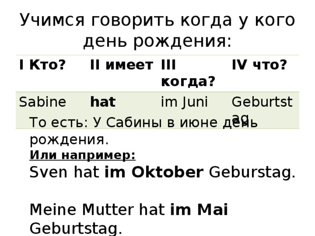 Учимся говорить когда у кого день рождения: I Кто? II имеет Sabine hat III когда? IV что? im Juni Geburtstag То есть: У Сабины в июне день рождения. Или например: Sven hat im Oktober Geburstag. Meine Mutter hat i m Mai Geburtstag. 