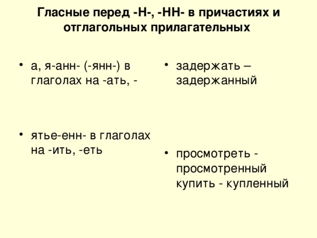 Гласные перед -Н-, -НН- в причастиях и отглагольных прилагательных     а, я-анн- (-янн-) в глаголах на -ать, -   ятье-енн- в глаголах на -ить, -еть задержать – задержанный    просмотреть - просмотренный   купить - купленный 