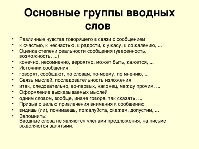 Основные группы вводных слов  Различные чувства говорящего в связи с сообщением к счастью, к несчастью, к радости, к ужасу, к сожалению, ... Оценка степени реальности сообщения (уверенность, возможность, ...) конечно, несомненно, вероятно, может быть, кажется, ... Источник сообщения говорят, сообщают, по словам, по-моему, по мнению, ... Связь мыслей, последовательность изложения итак, следовательно, во-первых, наконец, между прочим, ... Оформление высказываемых мыслей одним словом, вообще, иначе говоря, так сказать, ... Призыв с целью привлечения внимания к сообщению видишь (ли), понимаешь, пожалуйста, скажем, допустим, ... Запомнить:  Вводные слова не являются членами предложения, на письме выделяются запятыми. 