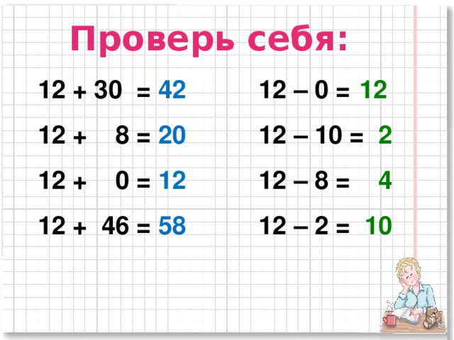 Проверь себя: 12 + 30 =  42     12 – 0 =  12  12 + 8 =  20     12 – 10 = 2  12 + 0 =  12     12 – 8 = 4  12 + 46 =  58     12 – 2 = 10   