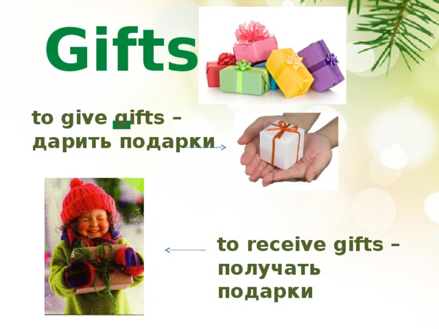Gifts -  to give gifts – дарить подарки to receive gifts – получать подарки 