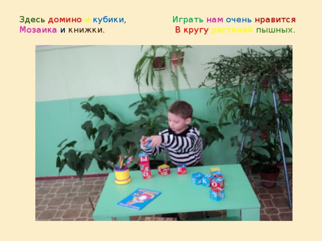 Здесь домино и  кубики,  Играть  нам  очень  нравится  Мозаика  и  книжки. В кругу растений пышных.   