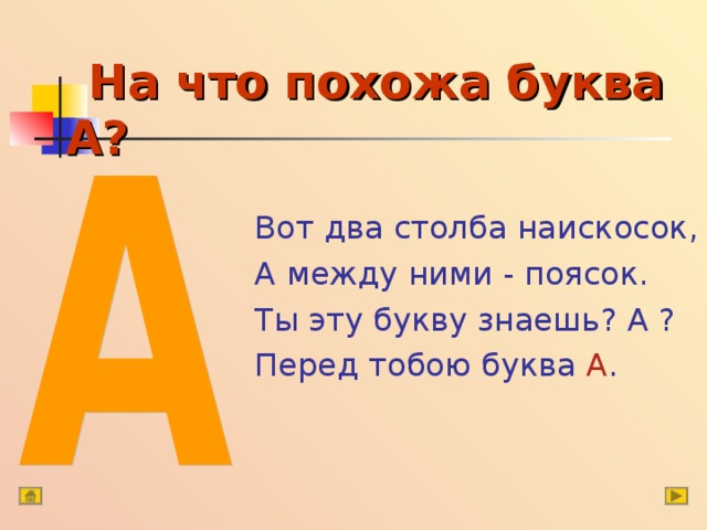  На что похожа буква А? Вот два столба наискосок, А между ними - поясок. Ты эту букву знаешь ? А ? Перед тобою буква А .  