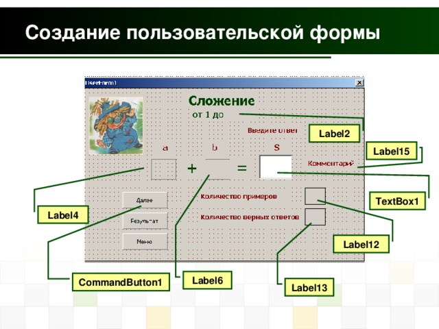 Создание пользовательской формы Label2 Label15 TextBox1 Label4 Label12 Label6 CommandButton1 Label13 
